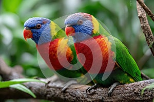 Two Colorful Rainbow Lorikeets Perched on a Branch