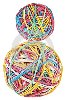 Two colorful rubber band balls isolated on white background. Elastic bands