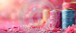 Two Colorful Thread Spools on Pink Background