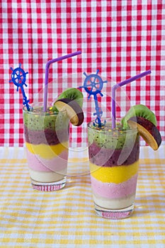 Two colour fresh fruit smoothies