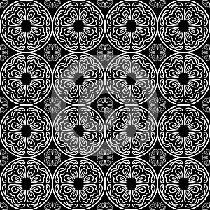 White on black hand drawn wavy line tile in a circle seamless repeat pattern background