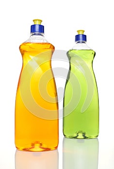 Two colourful bottles of dishwashing liquid