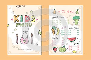 Two colourful cards, template for children menu. Hand drawn fruits, vegetables with funny faces. Name of dishes and prices. Baby