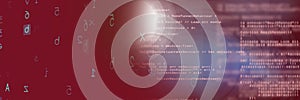 Two computer codes processing against black and gradient background, program coding concept