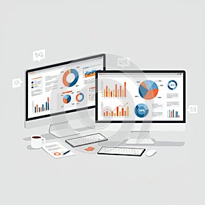 Two computer monitors display colorful data visualizations, including pie charts, bar