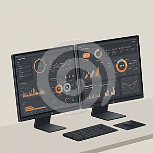 Two computer monitors display data dashboards featuring charts, graphs, and