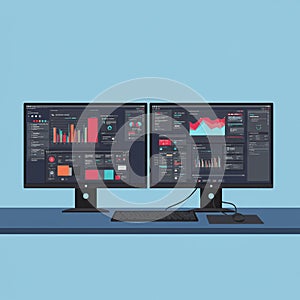 Two computer monitors display data visualizations and analytics dashboards,