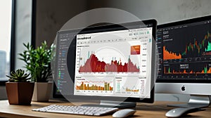 Two computer monitors display intricate data