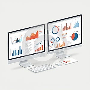 Two computer monitors display various colorful graphs and charts, including bar
