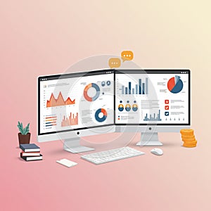 Two computer monitors display various data visualizations, including bar charts, pie