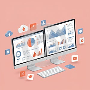 Two computer monitors display various graphs, charts, and data visualizations,