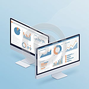 Two computer monitors displaying data dashboards with various graphs and charts.