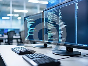 Two computer monitors displaying programming code in a modern office environment with keyboard