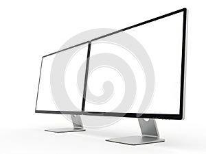 Two computer monitors side by side isolated on white background