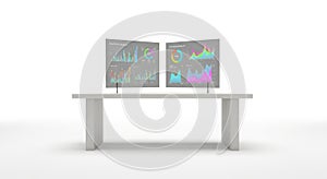 Modern Desk with Dual Monitors Displaying Financial Analytics
