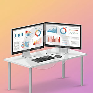 Two computer monitors on a white desk display colorful data visualizations, including