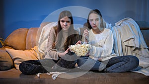 Two concentrated girls watching TV on sofa and eating popcorn from big bowl
