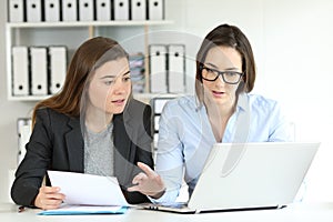 Office workers comparing documents on-line photo