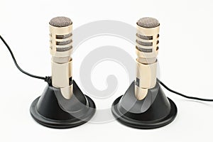 Two condenser microphones on white background.