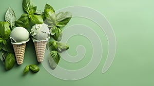 Two cones of basil ice cream with basil leaves around. Homemade green ice cream with basil and mint on light green background.