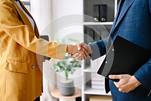 Two confident business man shaking hands during a meeting in the office, success, dealing, greeting and partner
