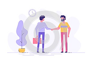 Two confident young men are shaking hands together in an office. Business consept. Modern flat illustration