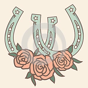 Two connected Horseshoes. Lucky symbol with Horseshoes and floral decoration. Vector illustration of Lucky st Patricks day clipart