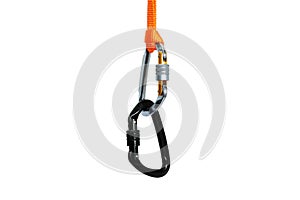 Two connected locking carabiners isolated photo