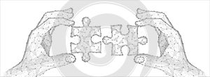 Two connected puzzles and two hands. Partner collaborate, cooperate implement photo