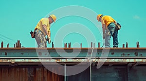 Two Construction Workers on a Bridge Beam