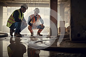 Two construction workers checking concealed pipe fittings of floor at a construction site. Building contractor with worker