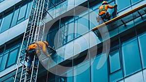 Two Construction Workers Cleaning Windows on a Tall Building