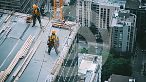 Two Construction Workers On A High-Rise Building Roof