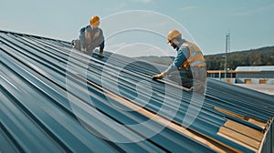 Two Construction Workers Installing Metal Roofing on a Building