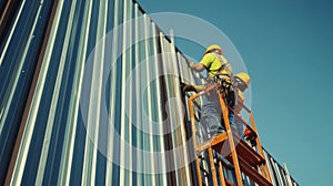 Two Construction Workers Installing Metal Siding On A Building photo