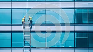 Two Construction Workers on a Ladder Cleaning Windows of a Modern Building