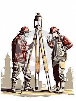 Two construction workers looking at surveyor\'s instrument