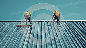 Two Construction Workers on a Metal Roof