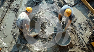 Two Construction Workers Mixing Cement in Buckets