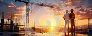 Two construction workers overlooking a building site at sunset, showcasing teamwork and progress