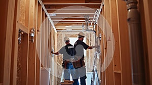Two Construction Workers in a Partially Built Home