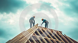 Two Construction Workers on a Roof Frame