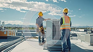 Two Construction Workers on a Roof Inspecting an AC Unit