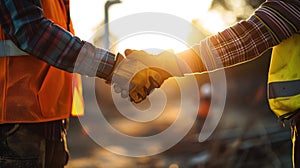 Two construction workers in safety gear engaging in a firm handshake. AI generated