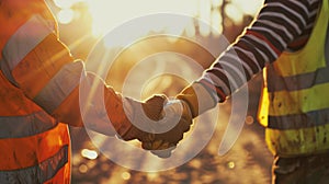 Two construction workers in safety gear engaging in a firm handshake. AI generated