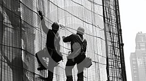 Two Construction Workers on Scaffolding in Black and White