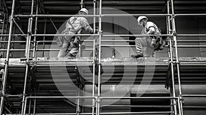 Two Construction Workers On Scaffolding During a Building Project