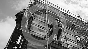 Two Construction Workers on Scaffolding During Building Renovation