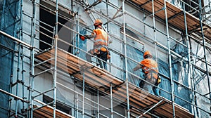 Two Construction Workers on Scaffolding During Building Renovation