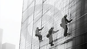 Two Construction Workers on a Scaffolding-Covered Building